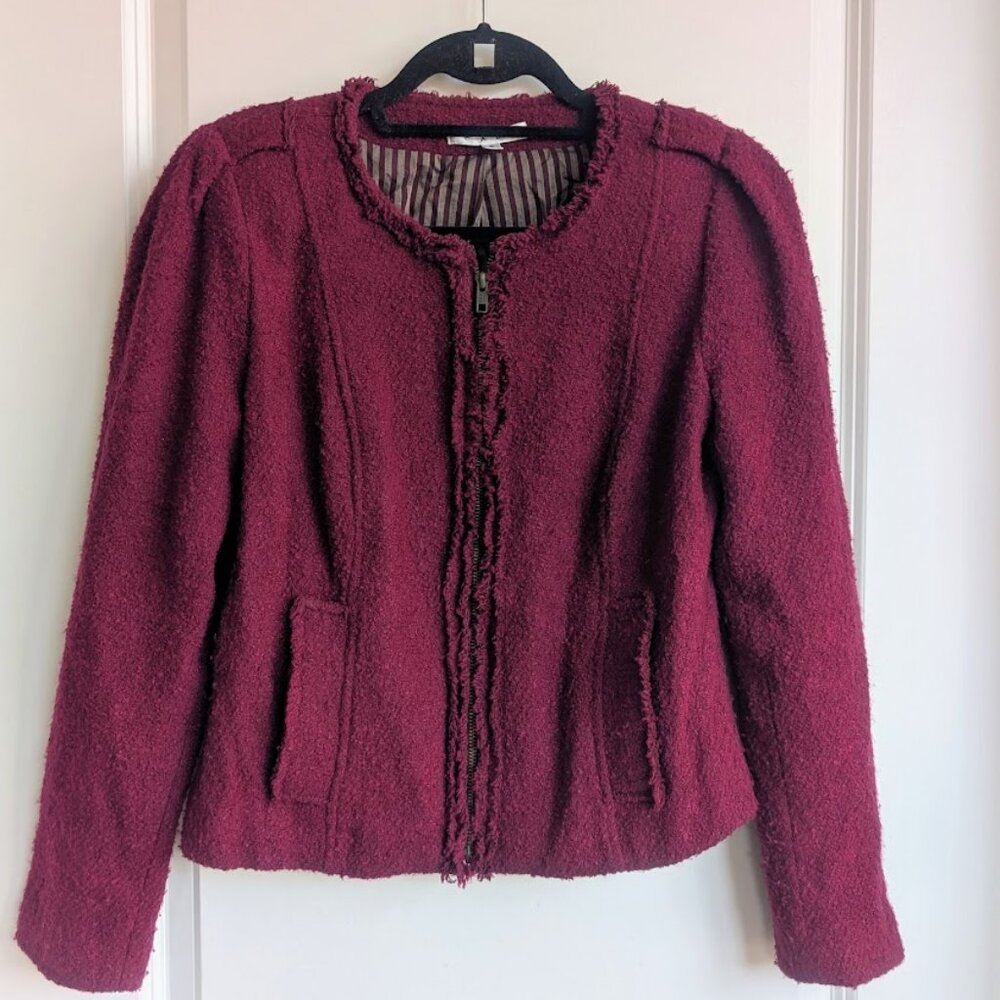 CABi merlot full-zip jacket /cardigan.  frayed hem design.  pockets